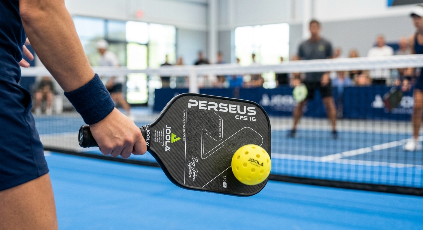 Chi tiết mặt vợt pickleball JOOLA Perseus CFS 16 với bóng và lưới