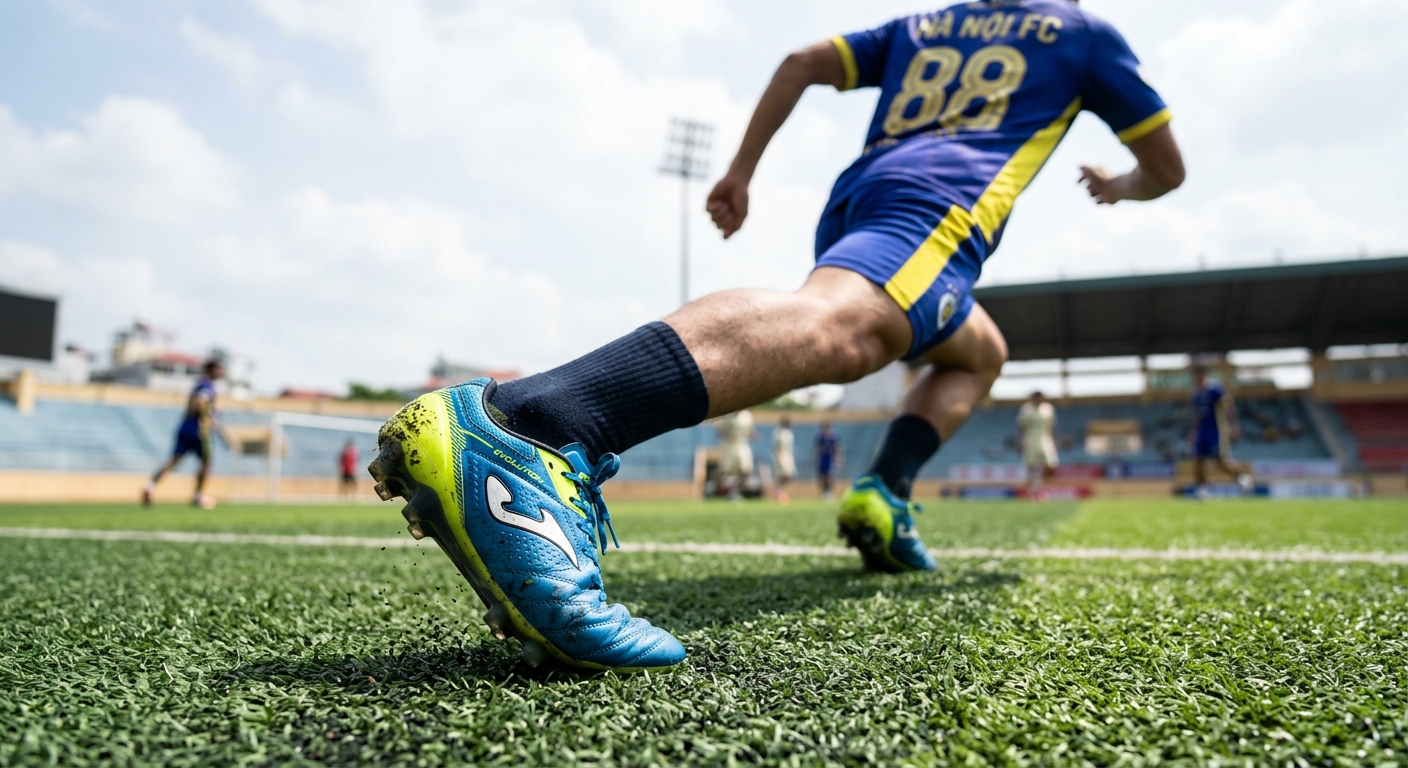 Cận cảnh giày đá banh Joma đang được cầu thủ mang trên sân cỏ nhân tạo