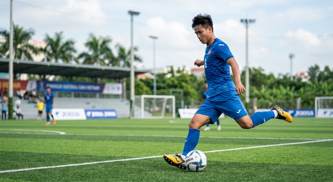 Cầu thủ bóng đá đang chuyền bóng với giày Joma, thể hiện sự kiểm soát bóng và độ chính xác