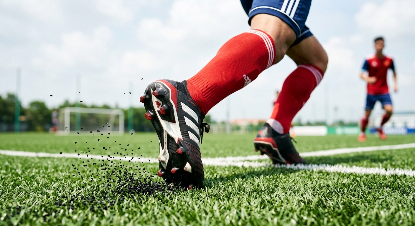 Cầu thủ tăng tốc trên sân cỏ nhân tạo, góc nhìn cận cảnh đế giày bám sân