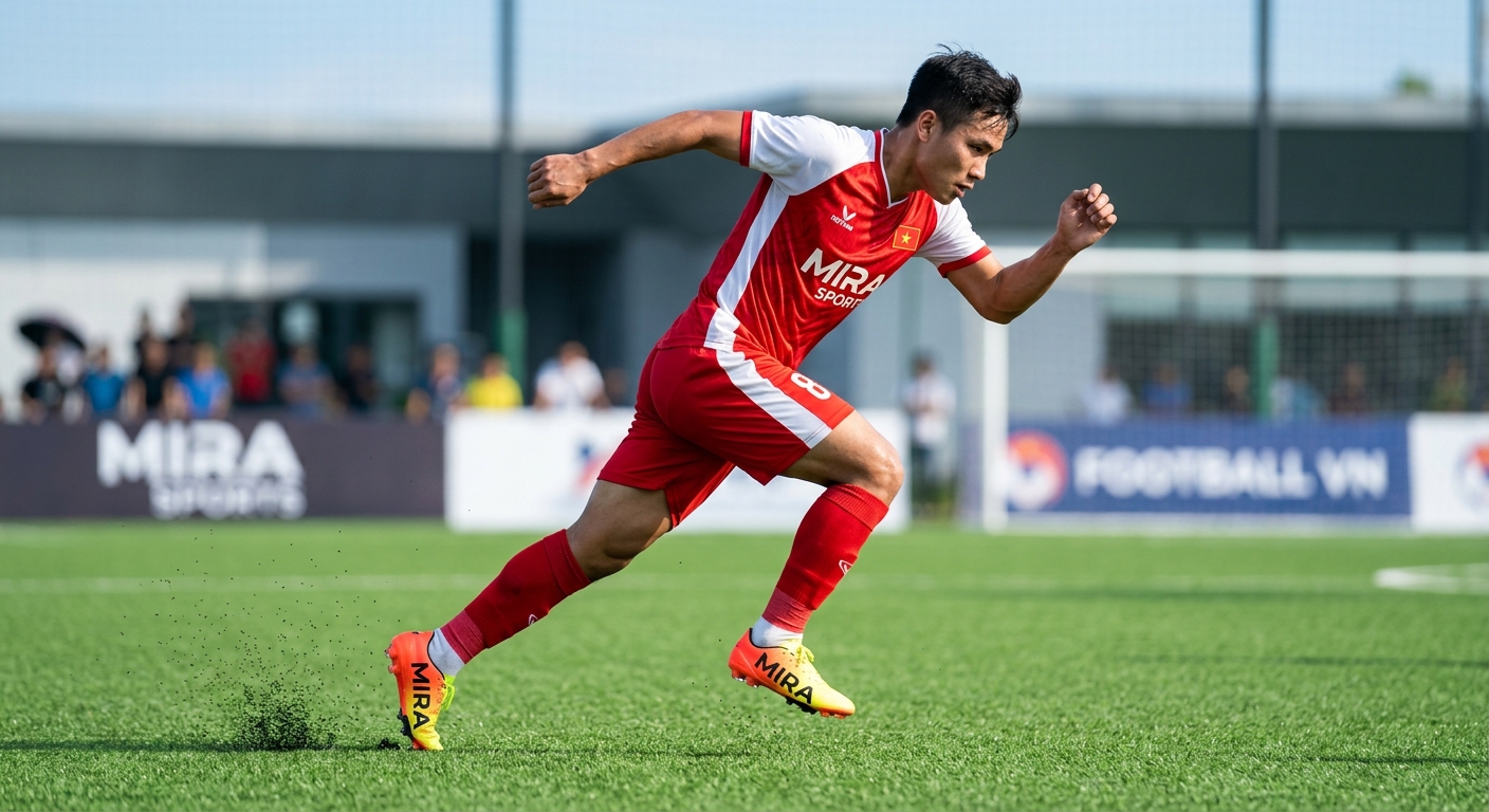 Cầu thủ đang bứt tốc trên sân cỏ nhân tạo với giày đá bóng