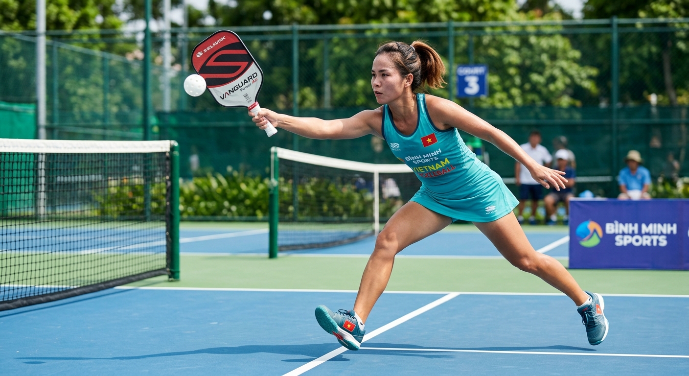 Người chơi pickleball chuyên nghiệp sử dụng vợt Selkirk thực hiện cú volley trên sân