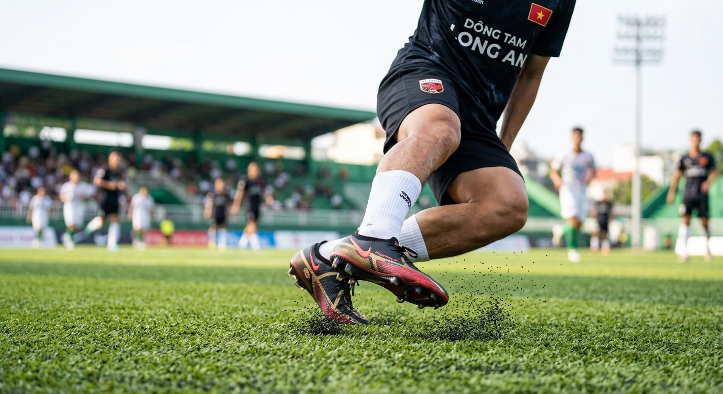 Cầu thủ bóng đá thực hiện động tác cắt bóng nhanh trên sân cỏ nhân tạo, cận cảnh giày và chân