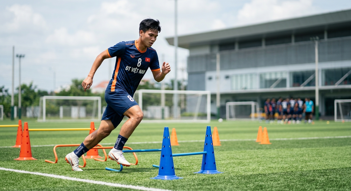 Buổi tập luyện bóng đá với các bài tập nhanh nhẹn trên sân cỏ nhân tạo, cầu thủ di chuyển giữa các cọc tiêu