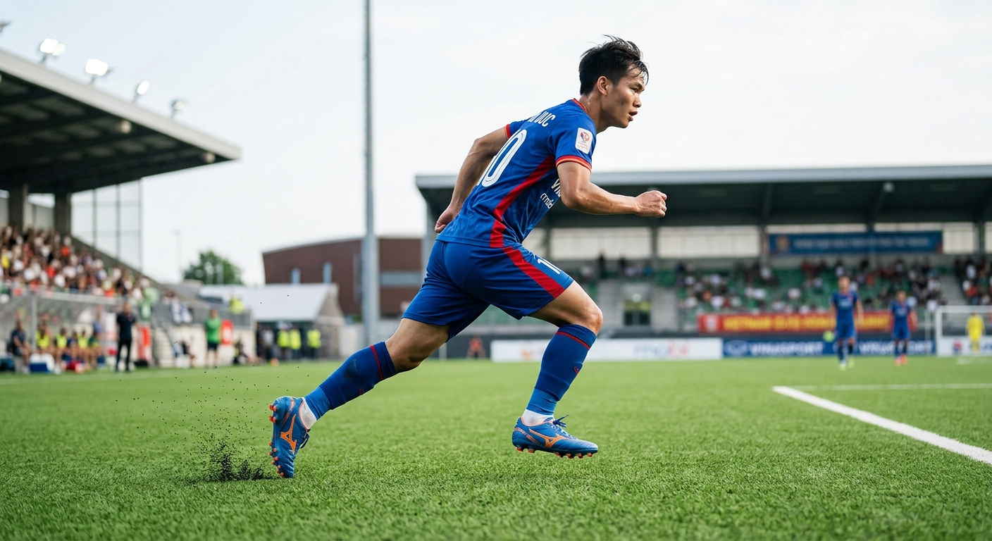 Cầu thủ bóng đá đang di chuyển trên sân cỏ nhân tạo với giày có đệm êm ái