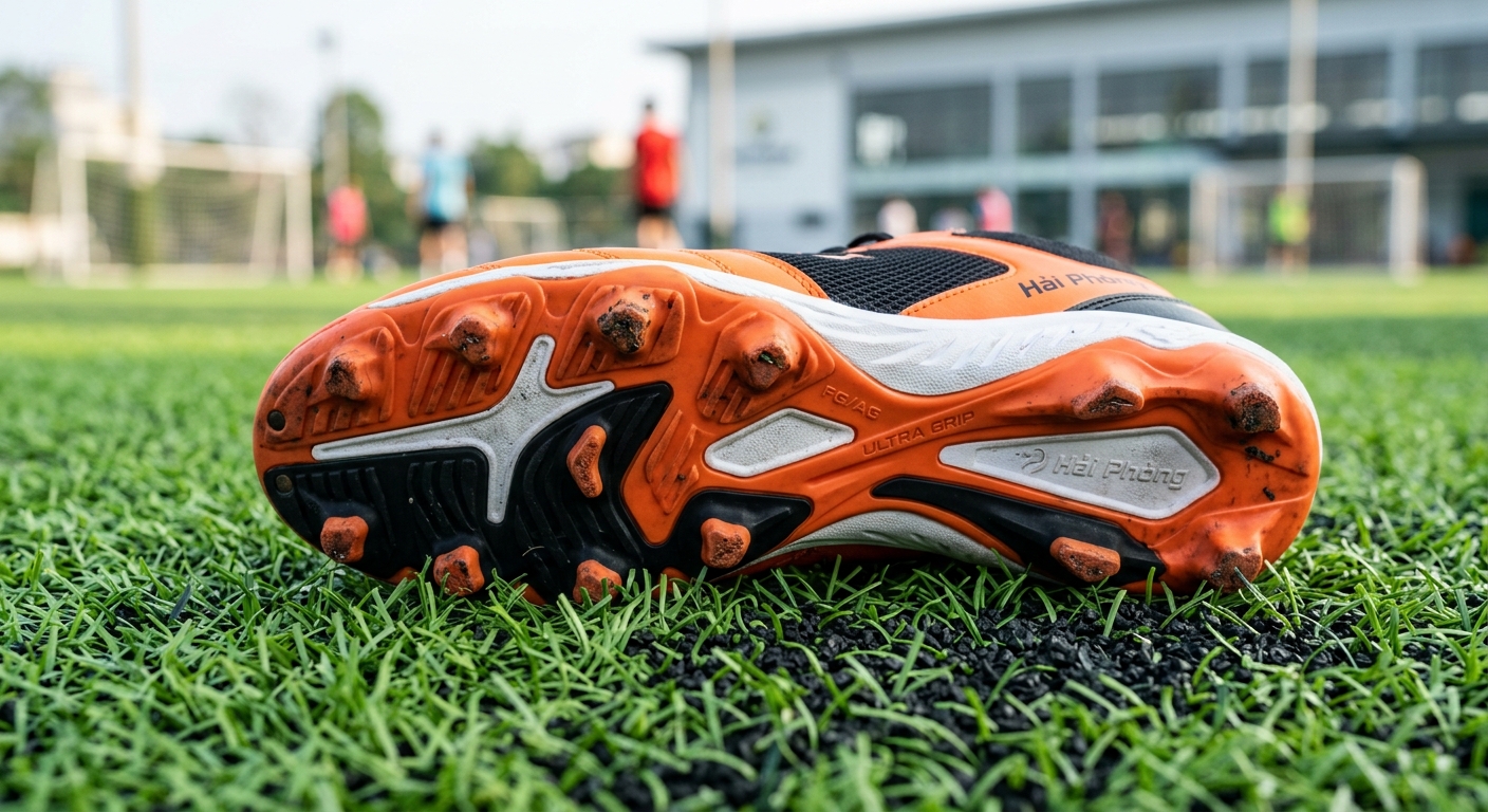 Cận cảnh đinh giày đá bóng và đế giữa trên sân cỏ nhân tạo