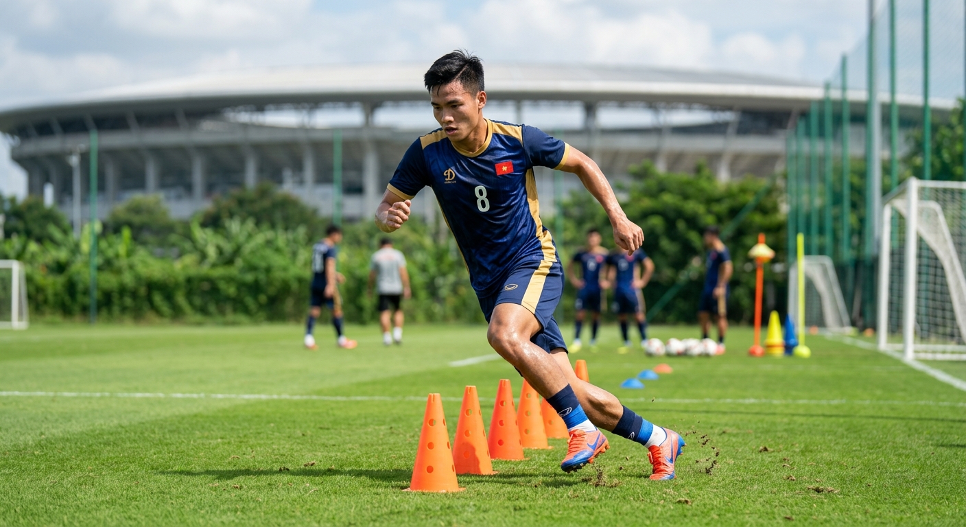 Cầu thủ bóng đá thực hiện bài tập di chuyển linh hoạt trên sân