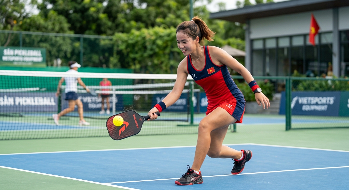 Người chơi pickleball thực hiện cú đánh xoáy trên sân