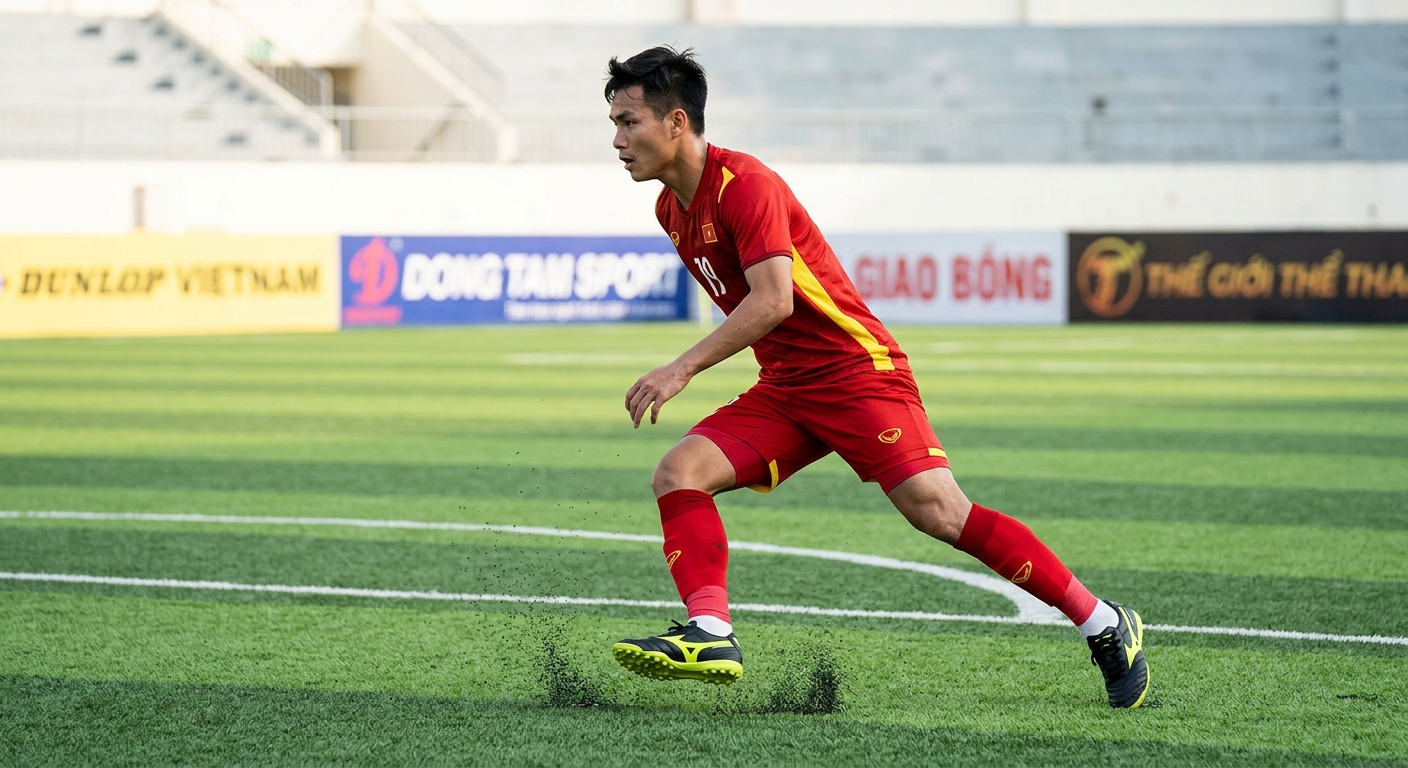 Cầu thủ thực hiện pha đổi hướng nhanh trên sân cỏ nhân tạo với giày đế TF