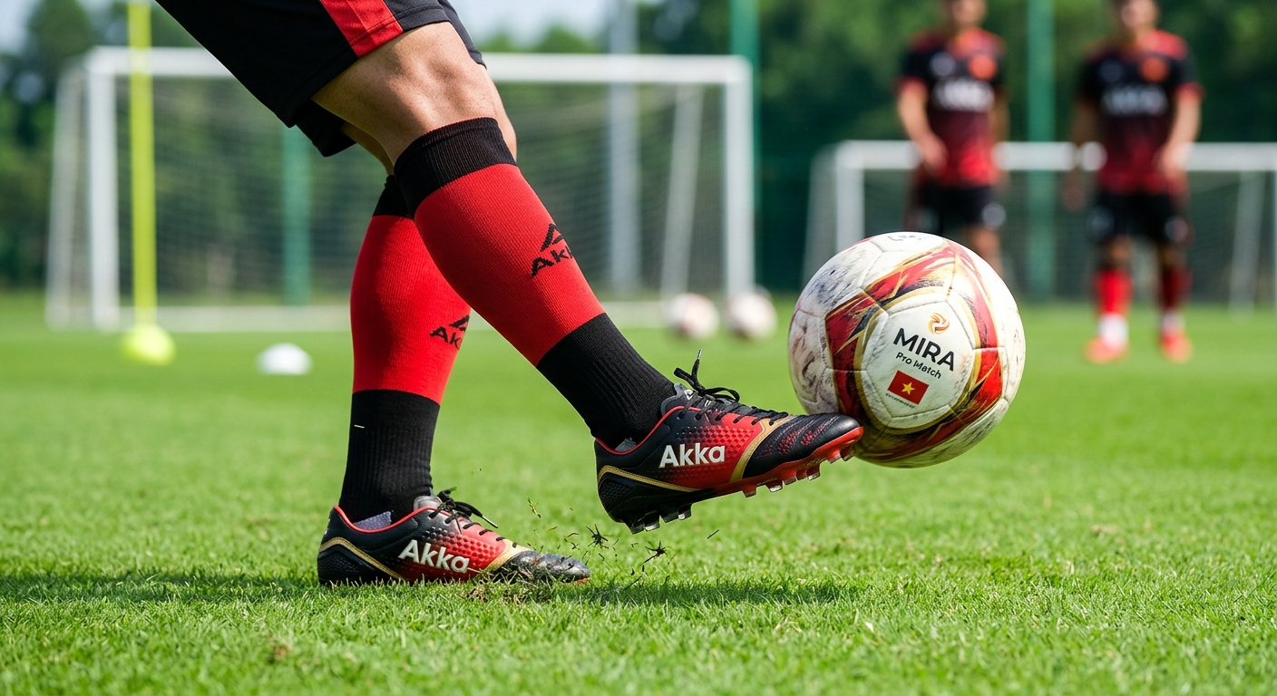 Cận cảnh bề mặt upper giày đá bóng và cầu thủ kiểm soát bóng