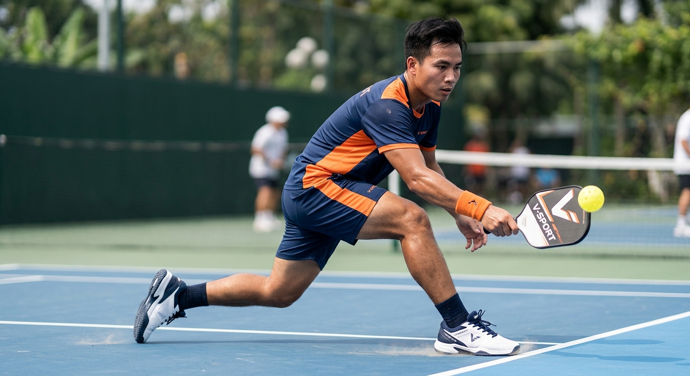 Người chơi pickleball thực hiện di chuyển ngang nhanh trên sân, minh họa tầm quan trọng của giày hỗ trợ ổn định bên