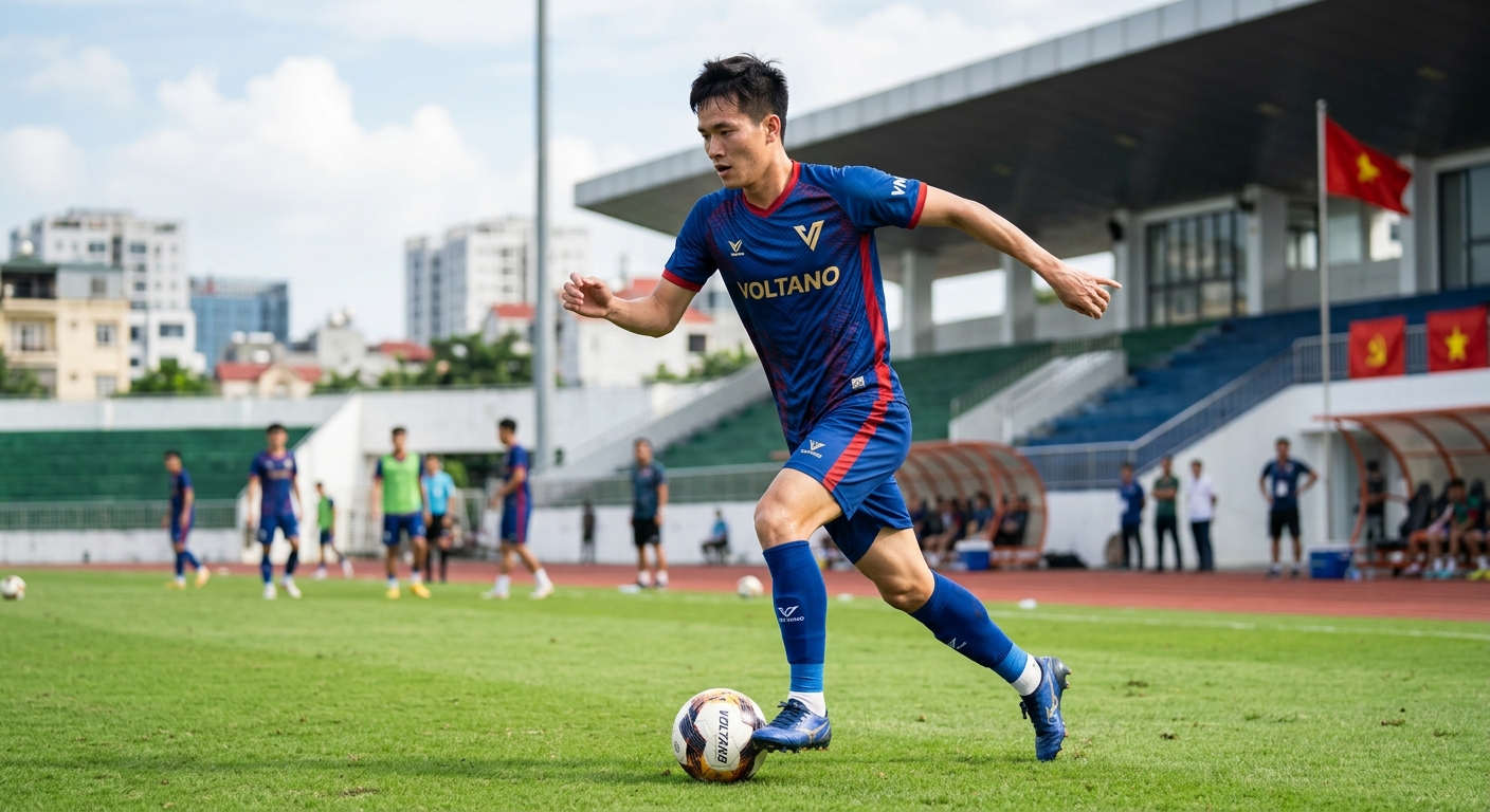Cầu thủ Việt Nam thực hiện động tác xoay người mạnh mẽ trên sân cỏ nhân tạo với giày đá bóng chuyên dụng