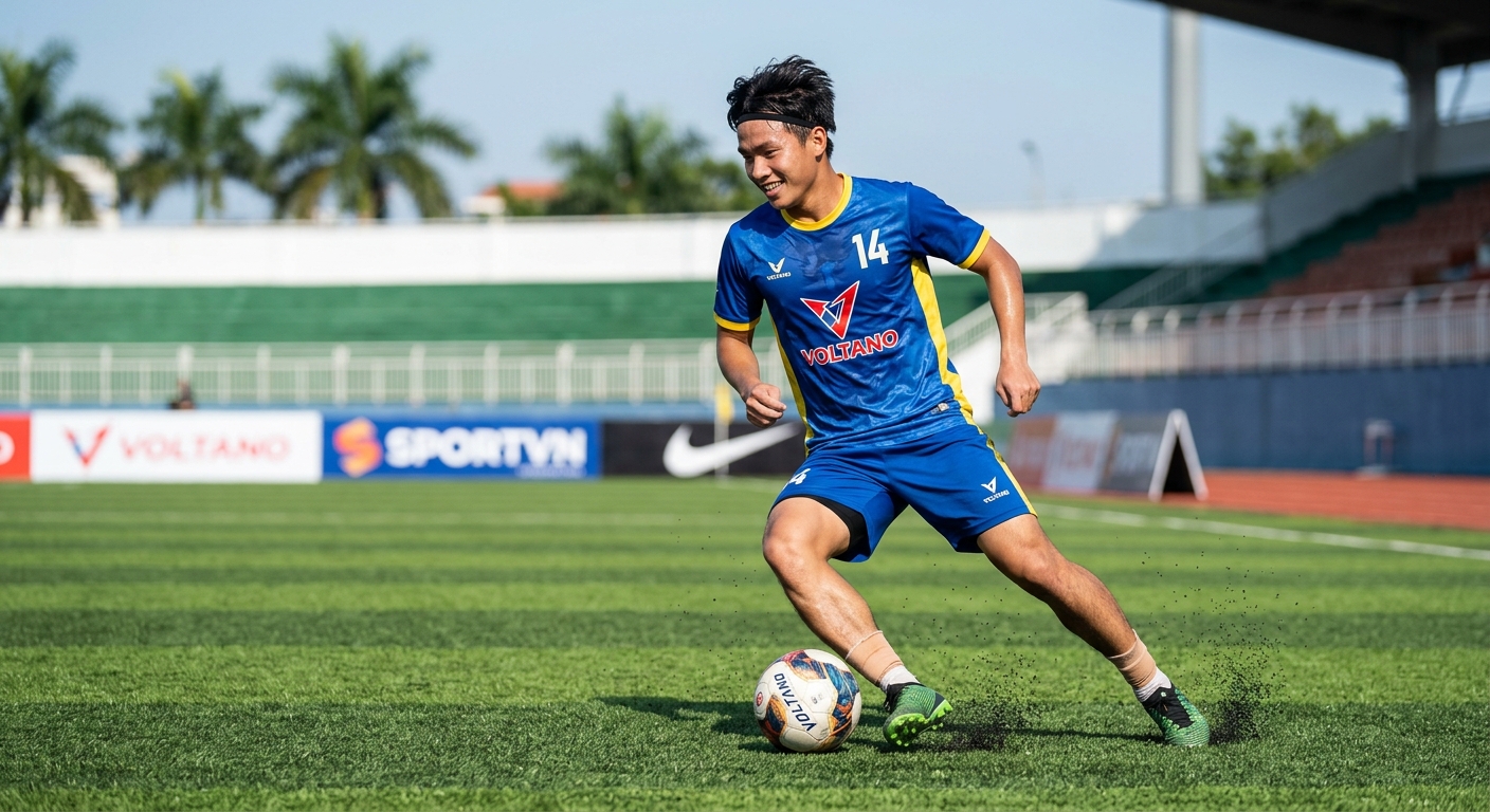 Cầu thủ thay đổi hướng di chuyển nhanh trên sân cỏ nhân tạo, với áo đấu có logo Voltano
