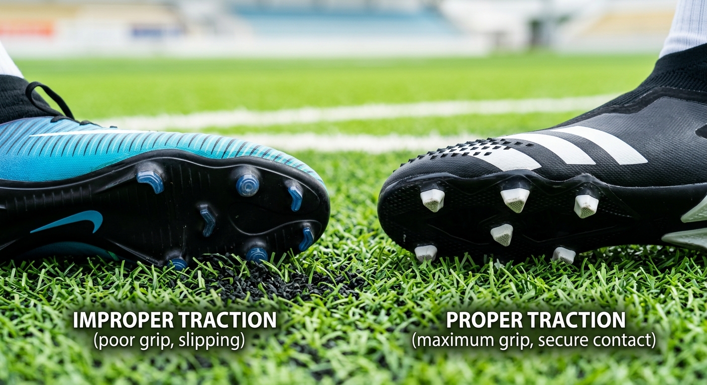 Tiếp xúc của đinh giày đá bóng với mặt sân cỏ nhân tạo, minh họa độ bám