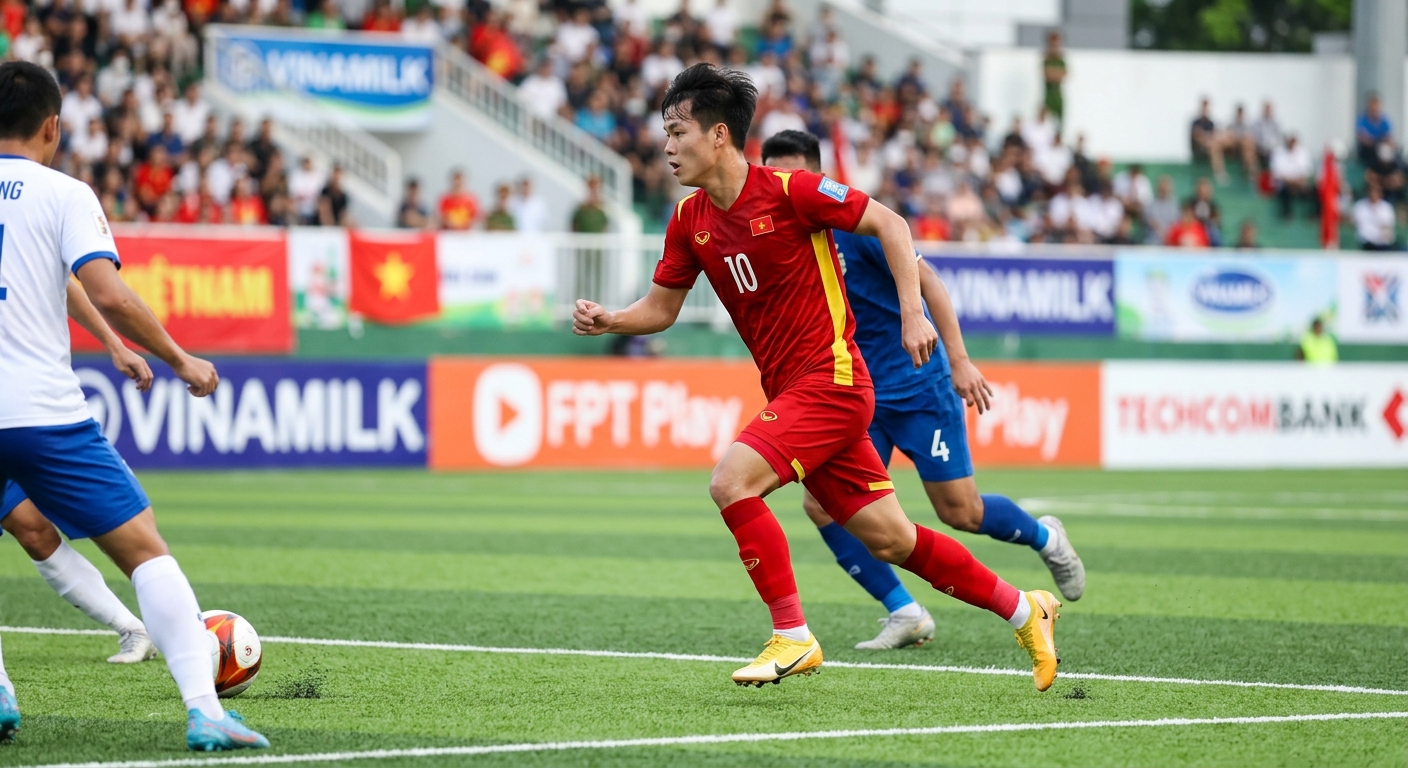 Cầu thủ bóng đá Việt Nam di chuyển không bóng thông minh trên sân cỏ nhân tạo, tạo khoảng trống cho đồng đội