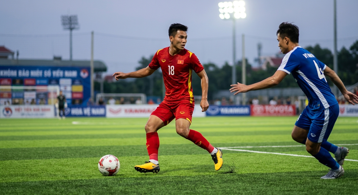 Cầu thủ bóng đá Việt Nam thực hiện pha checking-in để nhận bóng và thoát kèm người, trên sân cỏ nhân tạo với đèn pha