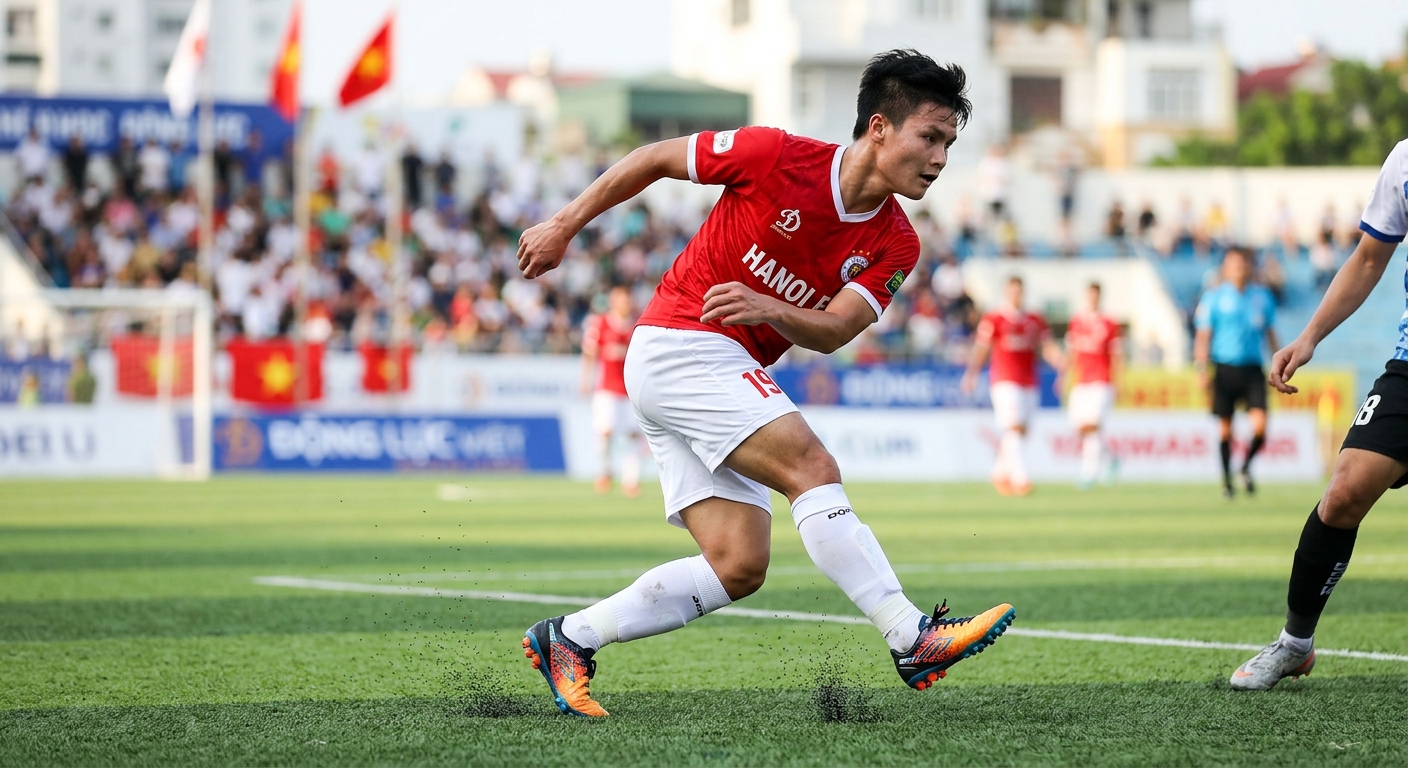 Cầu thủ bóng đá di chuyển nhanh, cắt bóng và đổi hướng trên sân cỏ nhân tạo, với giày chuyên dụng