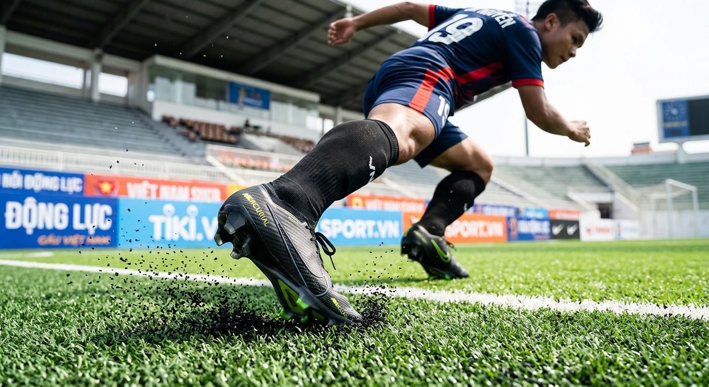 Cầu thủ bóng đá trên sân cỏ nhân tạo với giày đinh FG