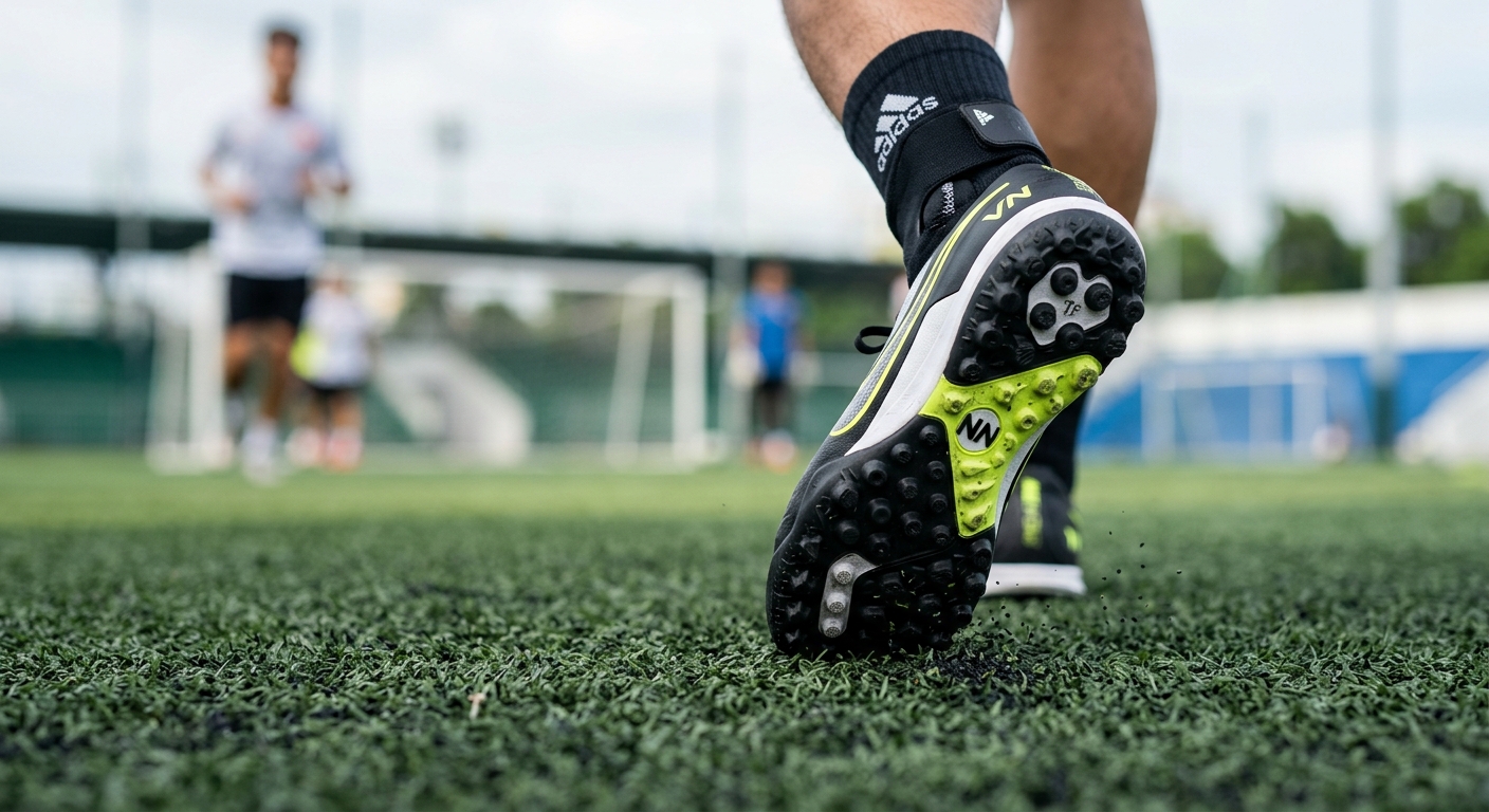 Cận cảnh đinh giày TF trên sân cỏ nhân tạo, minh họa độ bám