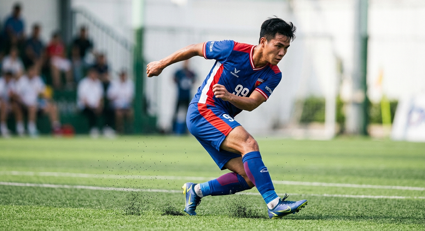 Cầu thủ bóng đá thay đổi hướng đột ngột trên sân cỏ nhân tạo, minh họa nguy cơ chấn thương nếu giày không phù hợp