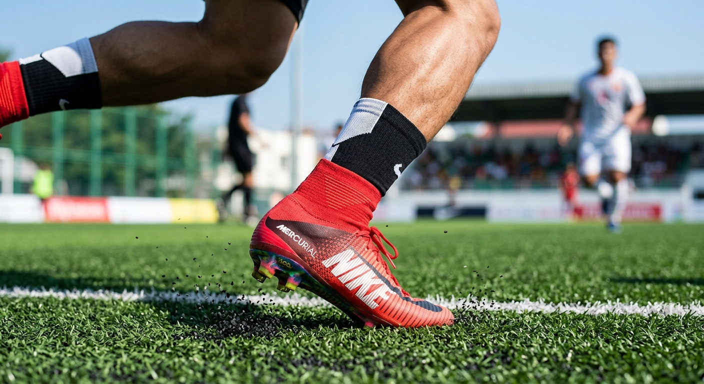 Cận cảnh giày đá bóng cổ cao hỗ trợ cổ chân trên sân cỏ nhân tạo, minh họa công nghệ bảo vệ khớp cổ chân
