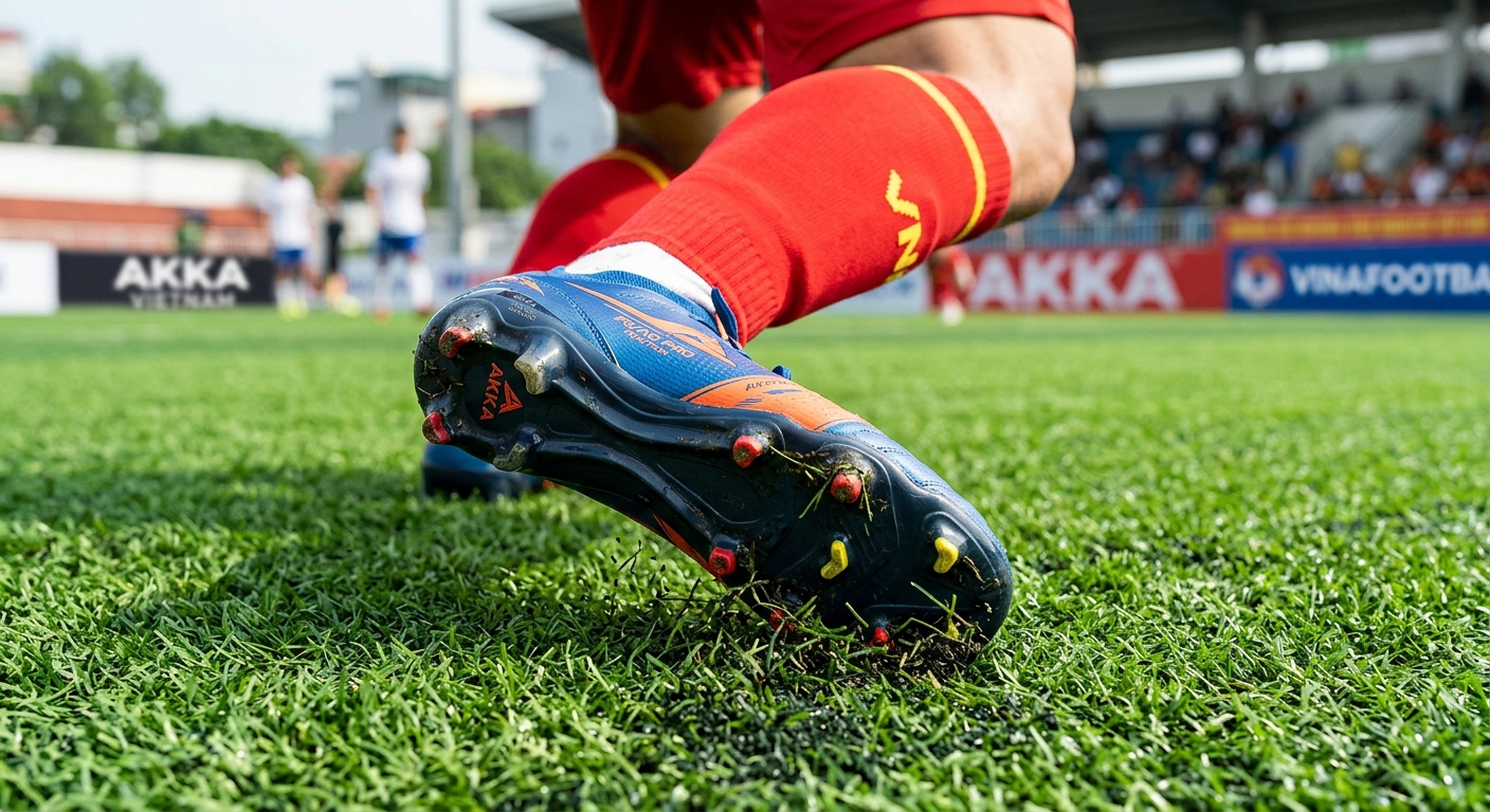 Cận cảnh đế giày đá bóng với hệ thống đinh FG/AG cung cấp độ bám và ổn định tối ưu, giúp chống lật cổ chân