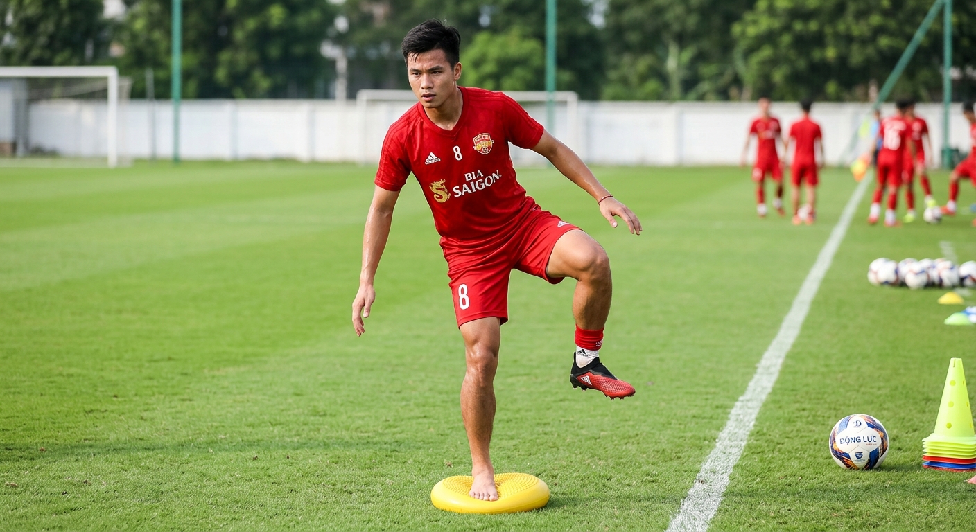 Cầu thủ thực hiện bài tập tăng cường sức mạnh cổ chân và khả năng giữ thăng bằng để phòng ngừa chấn thương, trên sân tập