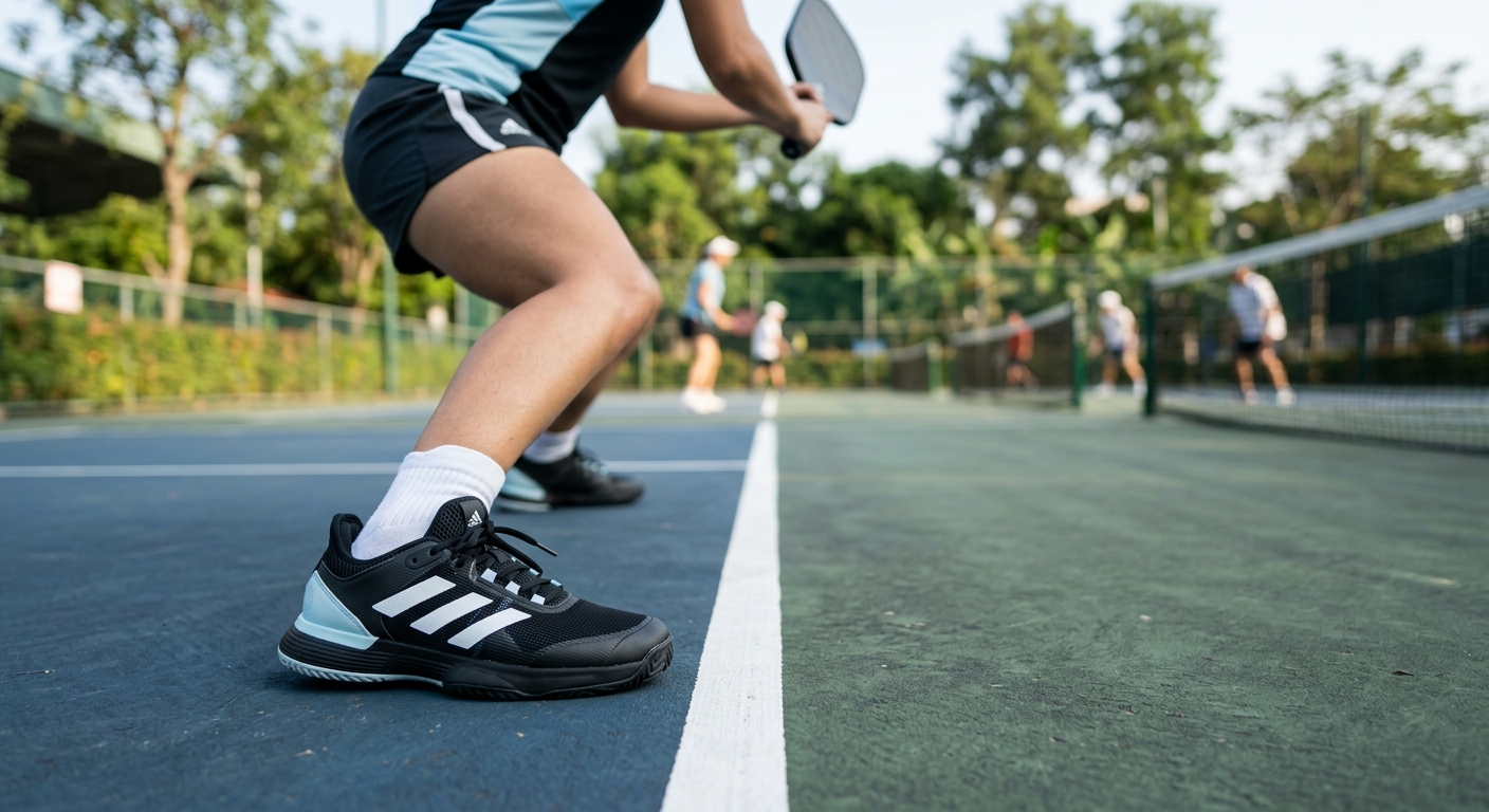 Cận cảnh bàn chân vận động viên pickleball di chuyển gần vạch kitchen zone