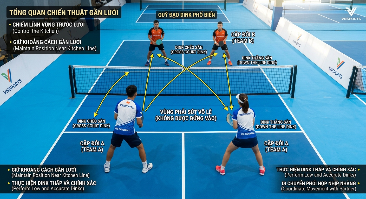 Sơ đồ vị trí người chơi pickleball trong khu vực kitchen và các đường dink