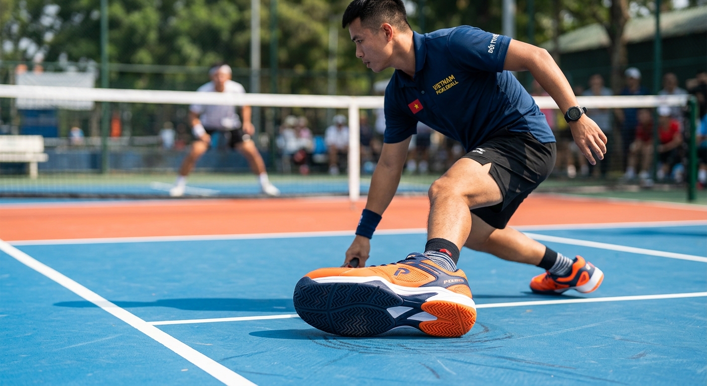 Giày pickleball chuyên dụng với đế giày tiếp xúc mặt sân acrylic, minh họa độ bám và ma sát cao