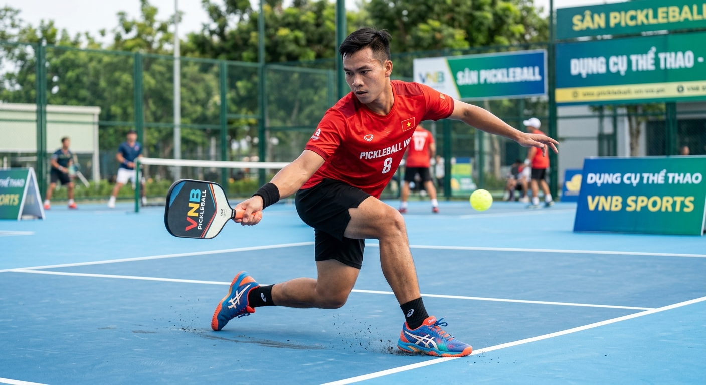 Người chơi pickleball đang thực hiện pha đổi hướng nhanh trên sân acrylic, minh họa ma sát giày với mặt sân, high detail sports action