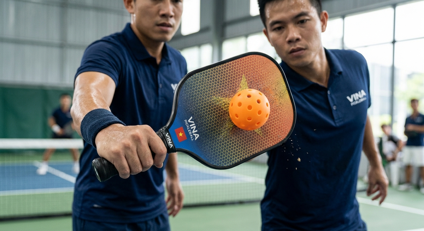 Cận cảnh vợt pickleball tiếp xúc bóng tạo xoáy