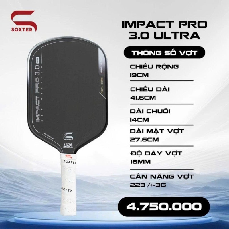 Vợt Pickleball Soxter Impact Pro 3.0 Ultra (Full Foam) - Xám/Đen