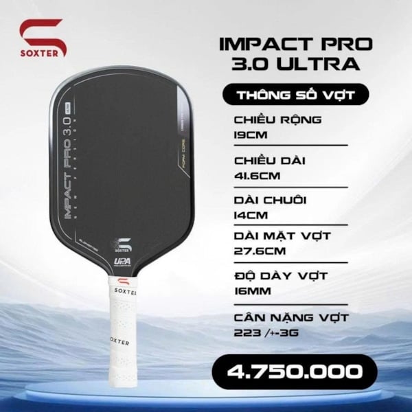 Vợt Pickleball Soxter Impact Pro 3.0 Ultra (Full Foam) - Xám/Đen