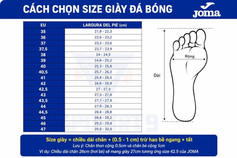 Cách Chọn Size Giày Joma Chuẩn Xác - Hướng Dẫn Chi Tiết Từ Sport9