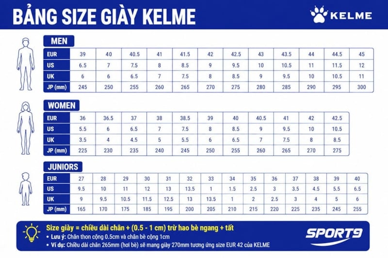 Cách Chọn Size Giày Kelme Chuẩn Xác - Hướng Dẫn Chi Tiết từ Sport9