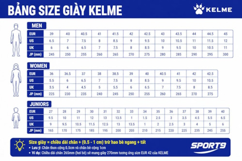 Cách Chọn Size Giày Kelme Chuẩn Xác - Hướng Dẫn Chi Tiết từ Sport9