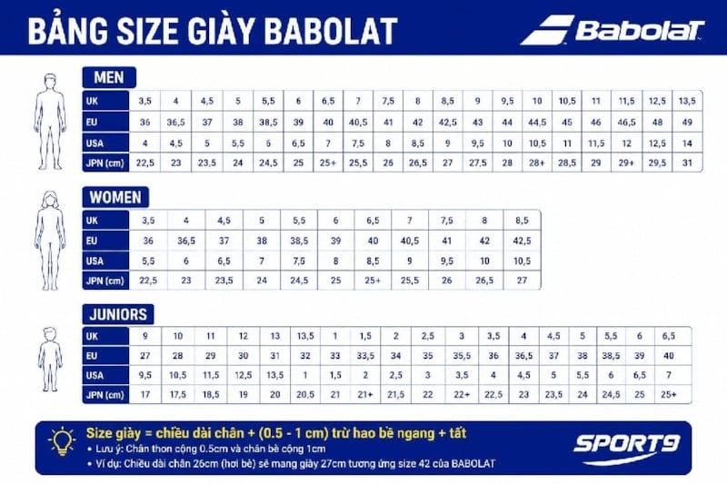 Hướng Dẫn Chọn Size Giày Babolat Chuẩn Xác - Bảng Size Quốc Tế & Mẹo Từ Chuyên Gia