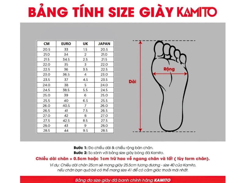 Hướng dẫn chọn size giày đá bóng Kamito