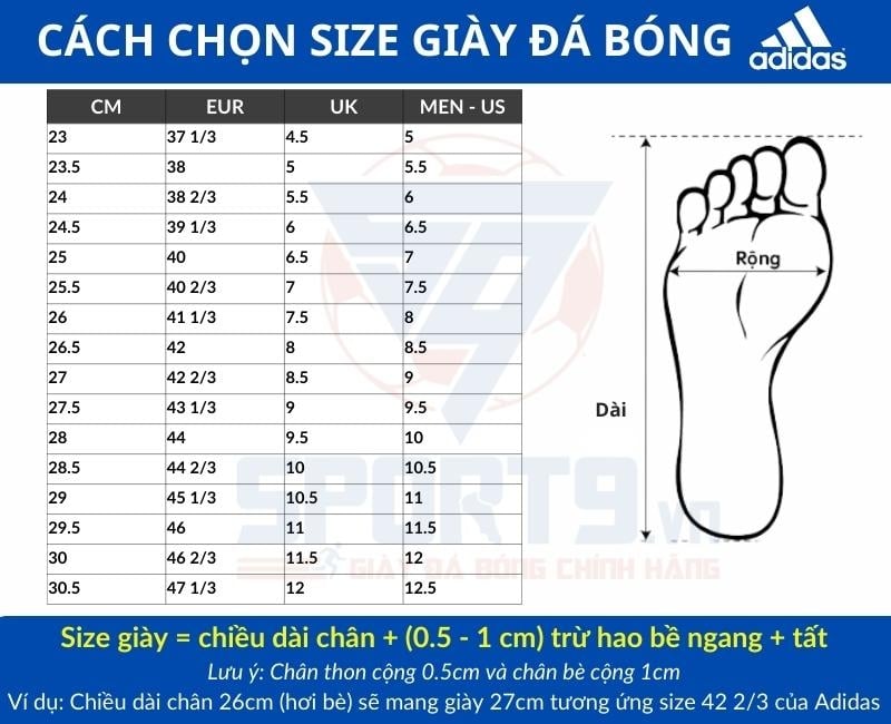 Bảng size giày đá bóng adidas