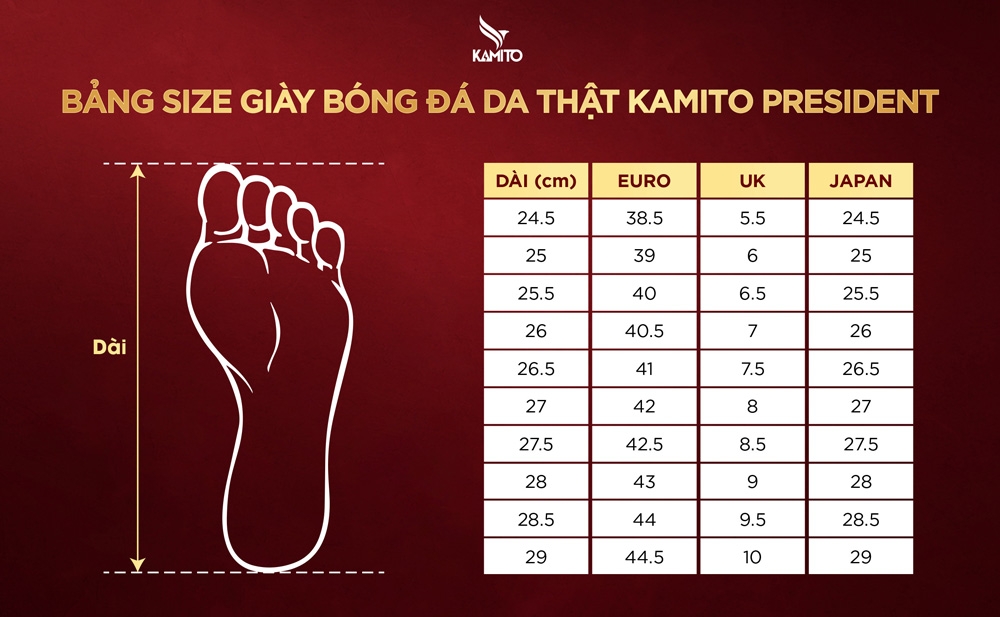 Bảng size giày đá bóng Kamito Presiden