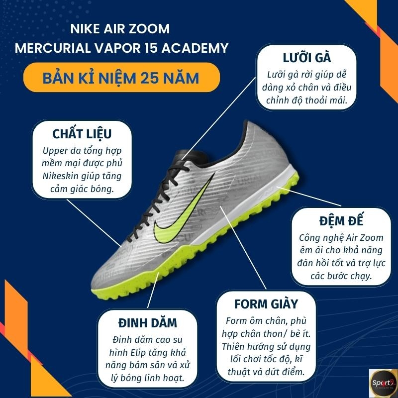 Nike Zoom Mercurial Vapor 15 Academy XXV TF - Bạc/Xanh Lá - FB8396-060