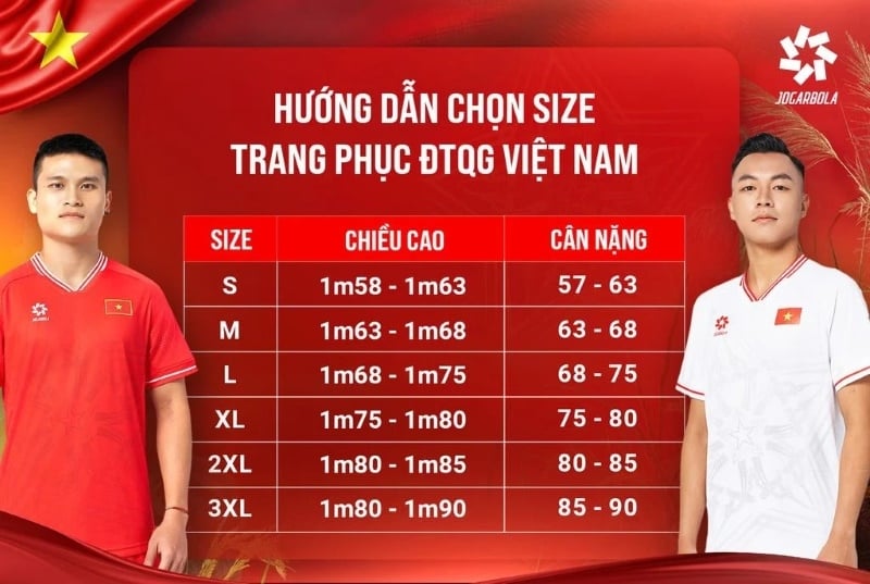 Bảng size áo tập luyện Đội tuyển Quốc gia 2024 Việt Nam 