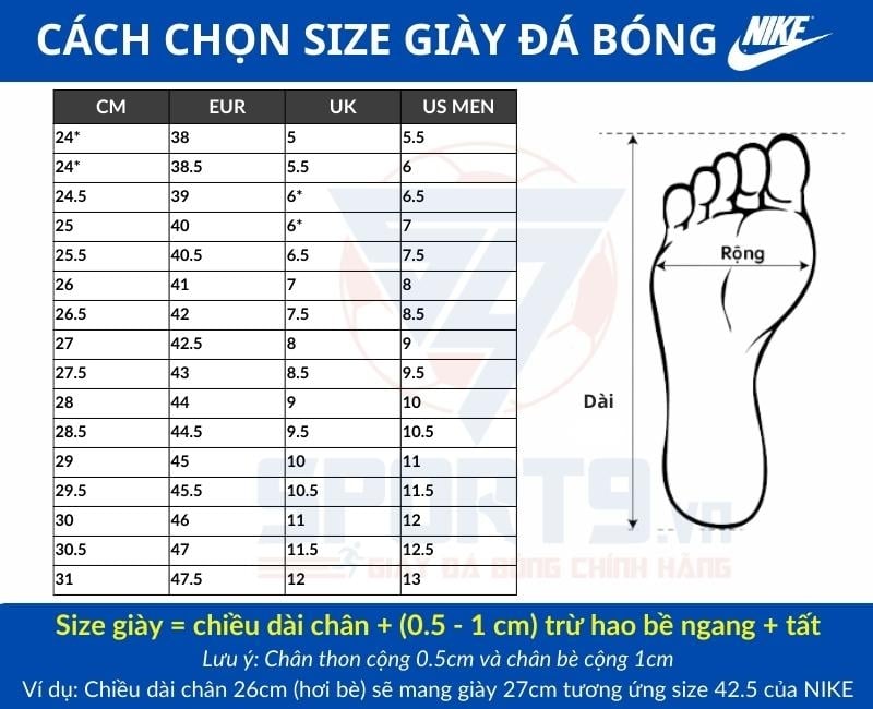 Bảng size giày đá bóng adidas