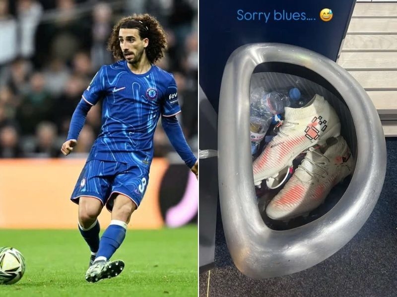 Cucurella đăng tải hình ảnh đôi giày Puma Future 8 nằm trong thùng rác