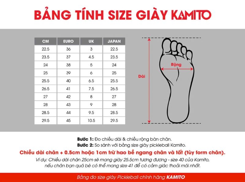 Bảng size giày Pickleball kamito