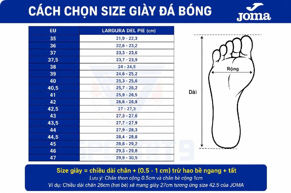 Bảng size giày Joma