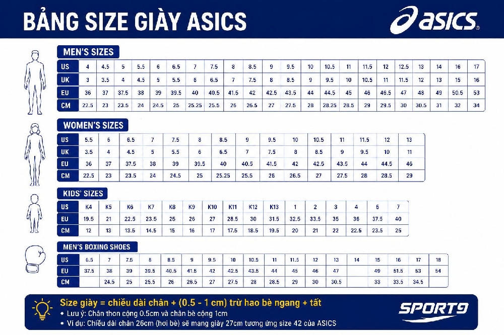 Bảng size giày Asics