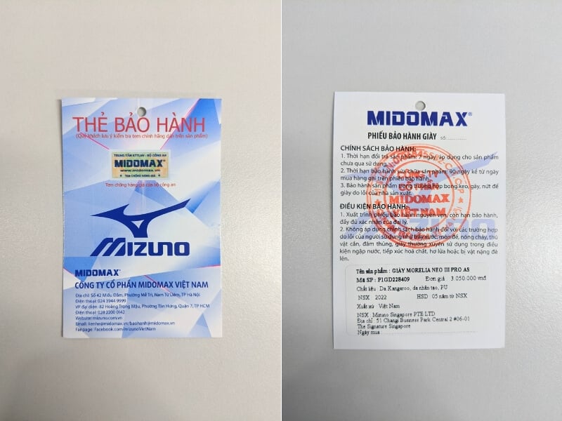 Thẻ bảo hành giày Mizuno