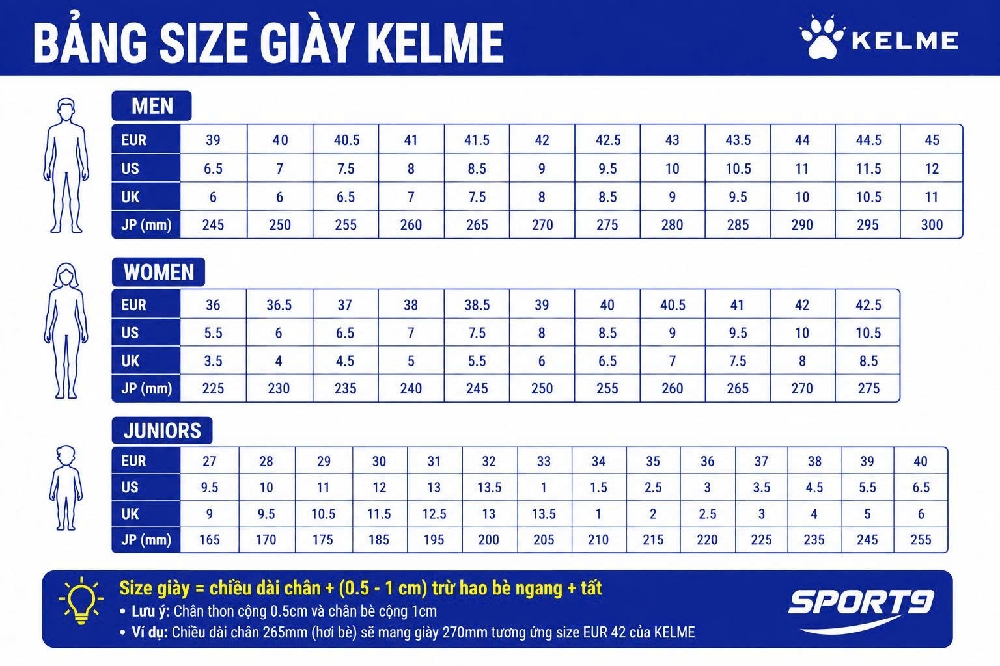 Bảng size giày kelme
